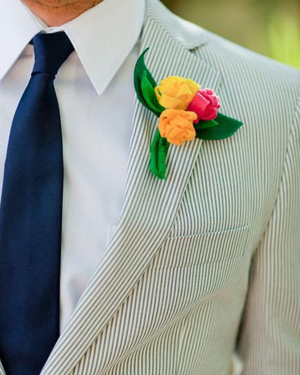 Unique Wedding Boutonnieres - Living Coral Boutonniere with Striped Jacket