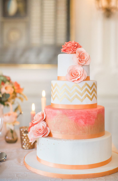 Living Coral Wedding Ideas - Wedding Cake With Coral And Gold Accents and Chevron Pattern