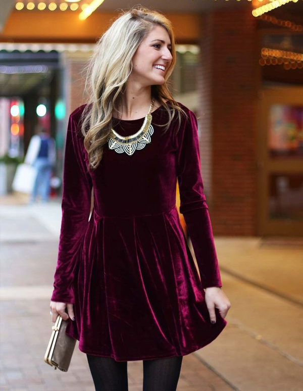 Winter Wedding Guest Attire - Blonde Woman In Red Velvet Dress